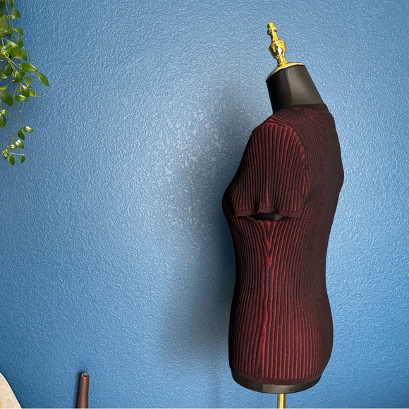 DKNY Black and Red Striped Short Sleeve Top, Shell, form-fitted, stretch - Picture 11 of 13